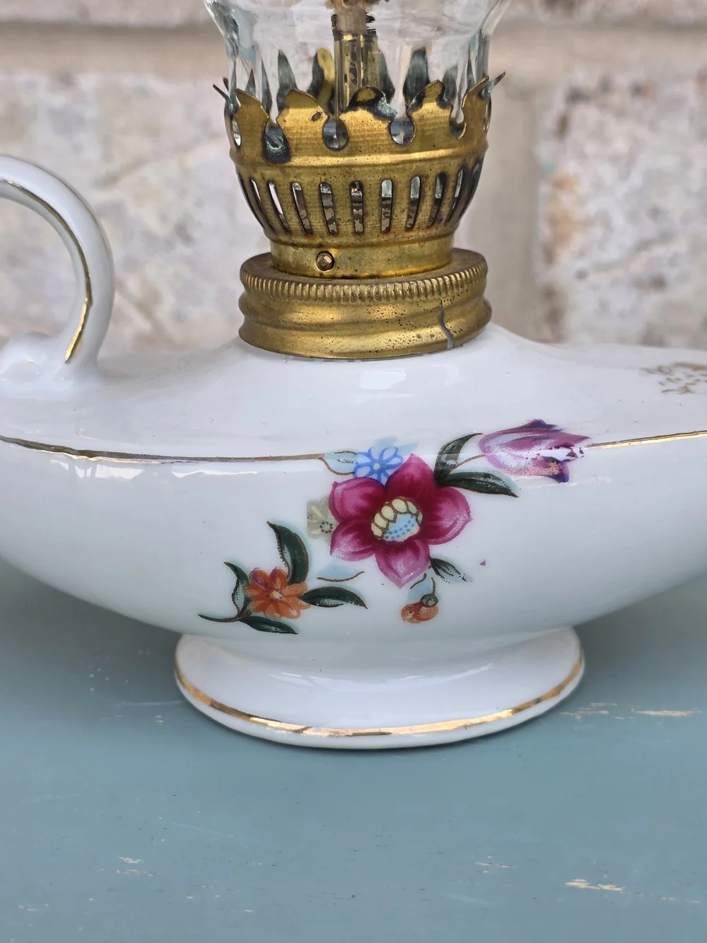 Vintage Made in Japan Miniature Porcelain Oil Lamp with Glass Chimney